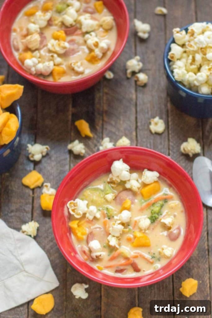 Three bowls of Smoked Sausage and Beer Cheese Soup ready to be served