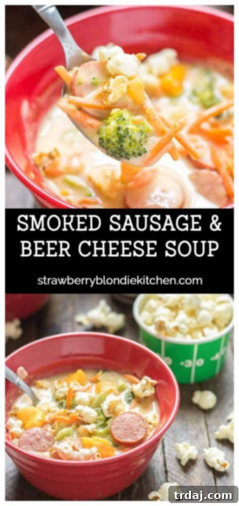 Hearty Smoked Sausage and Beer Cheese Soup with a spoon