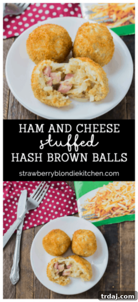 Pin for Ham and Cheese Stuffed Hash Brown Balls recipe, featuring stacked hash brown balls with melted cheese