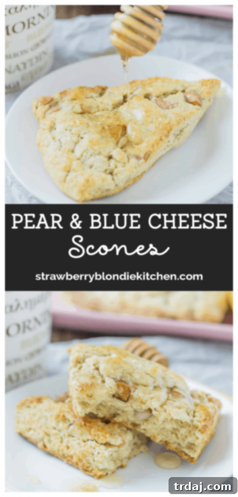 Soft and sweet, with pillows of pear and rich blue cheese and a drizzle of honey, these Pear and Blue Cheese Scones are the perfect pair with your morning cup of coffee! | Strawberry Blondie Kitchen