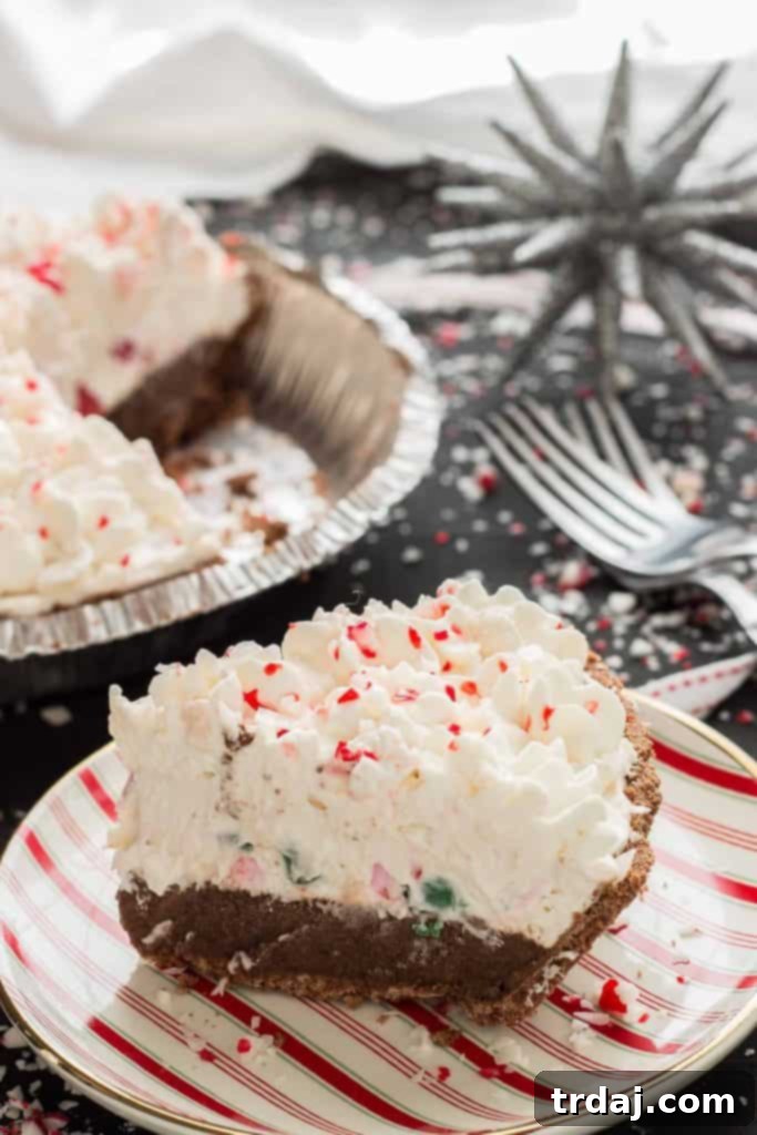 No Bake Candy Cane Pie: A Perfect Holiday Dessert with Chocolate, Cream Cheese, and Peppermint A single slice of No Bake Candy Cane Pie served on a red and white striped plate, showcasing the chocolate and peppermint layers, ready for the holidays.