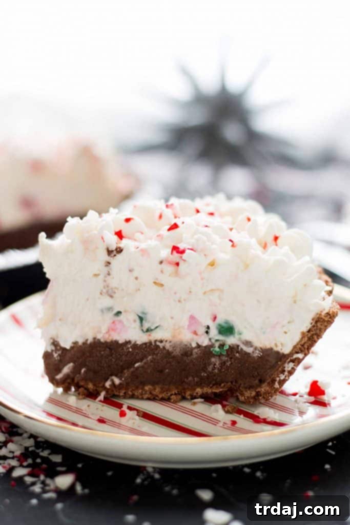 Decadent Layers of No Bake Candy Cane Pie Slice A close-up side shot of a single slice of No Bake Candy Cane Pie, showcasing all its distinct, decadent layers of chocolate pudding, creamy white filling, and vibrant peppermint pieces.