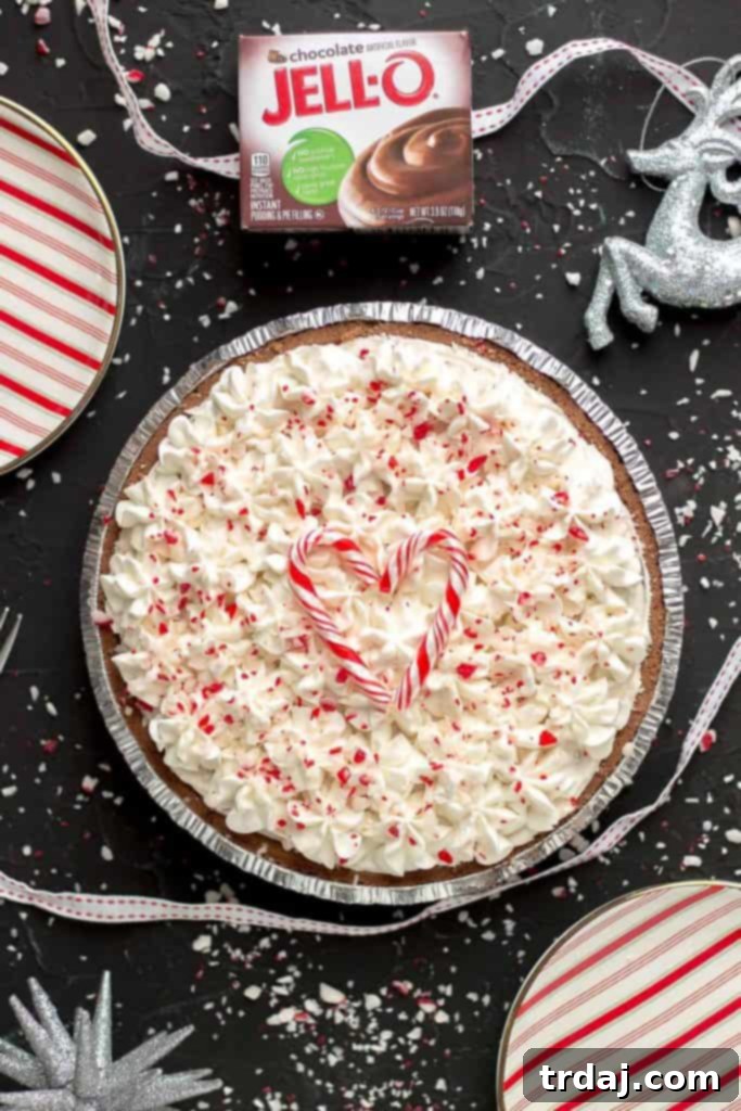 Overhead View of Festive No Bake Candy Cane Pie An inviting overhead shot of the full No Bake Candy Cane Pie, elegantly garnished with a heart-shaped candy cane on top, surrounded by crushed peppermint, radiating festive charm.