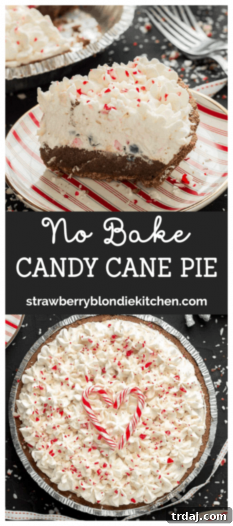 Merry Minty No-Bake Pie 4 Layers of JELL-O chocolate pudding, creamy cream cheese filling and crushed peppermint candies make this No Bake Candy Cane Pie the perfect holiday dessert! | Strawberry Blondie Kitchen