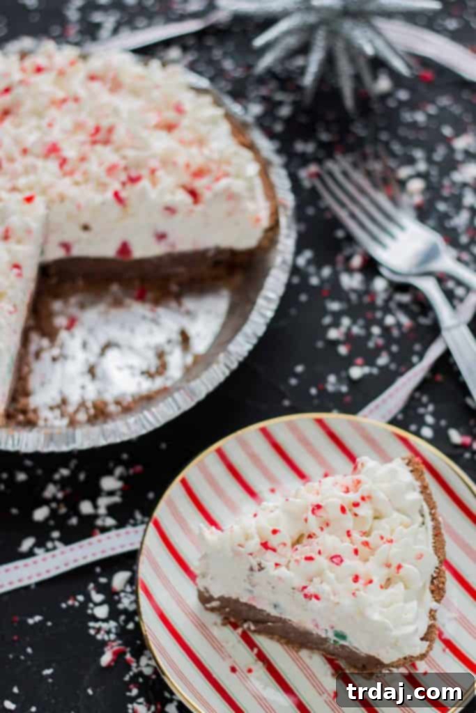 Decadent No Bake Candy Cane Pie from Above An inviting overhead view of the full No Bake Candy Cane Pie, showcasing its smooth, layered top and the festive sprinkle of crushed peppermint, ready to be sliced and enjoyed.