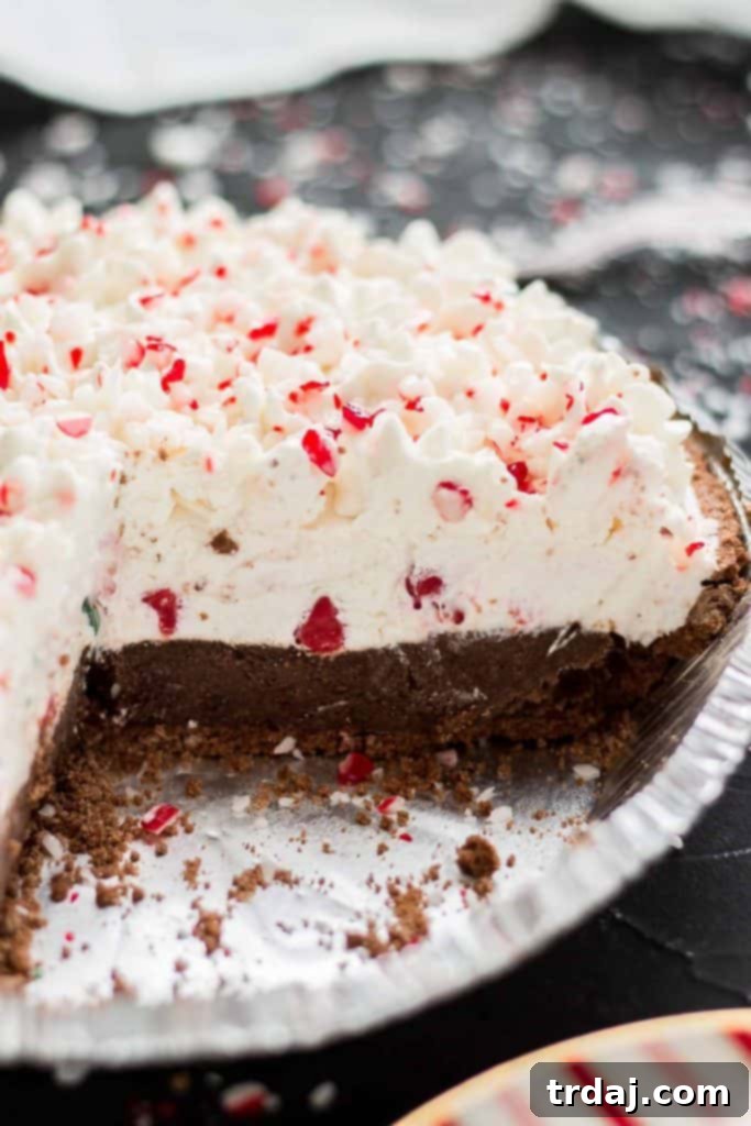 Rich Chocolate Peppermint Layers of No Bake Candy Cane Pie A rich and decadent close-up shot of a slice of No Bake Candy Cane Pie, revealing all its luscious layers of chocolate pudding, creamy filling, and peppermint pieces.