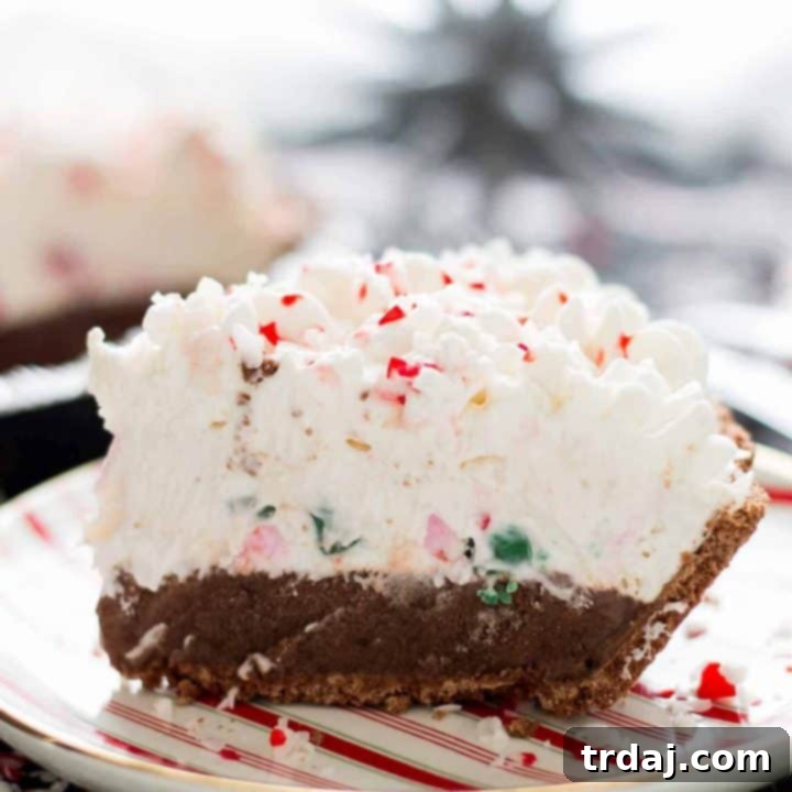 Merry Minty No-Bake Pie 2 Layers of JELL-O chocolate pudding, creamy cream cheese filling and crushed peppermint candies make this No Bake Candy Cane Pie the perfect holiday dessert!