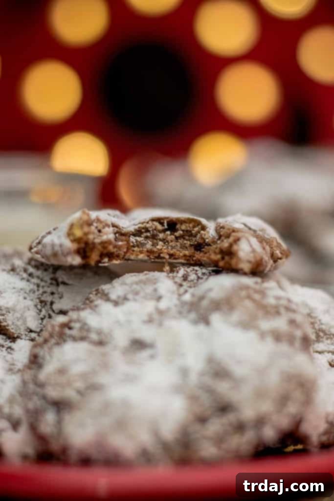 Close-up of freshly baked Peppermint Crinkle Cookies, showing the distinct powdered sugar crackle and rich chocolate color.