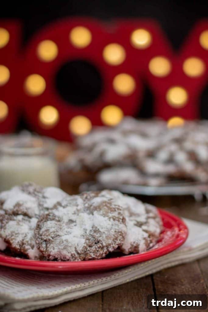 A beautifully styled shot of Peppermint Crinkle Cookies, ready for the recipe presentation, with rich chocolate and peppermint hues.