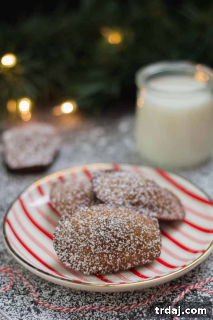 Classic Gingerbread Madeleines, perfectly golden with a distinct hump, resting on a wire rack, ready to be enjoyed during the holiday season. The soft and buttery sponge cakes are dusted with powdered sugar, highlighting their festive appeal.