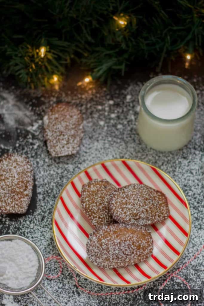 A close-up of freshly baked Gingerbread Madeleines, showcasing their iconic shell shape and golden-brown edges. The warm, inviting color suggests the rich, spiced flavors perfect for holiday baking.