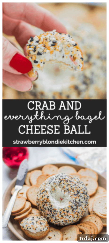 A visually appealing Pinterest graphic for the Crab and Everything Bagel Cheese Ball recipe, designed for easy sharing and saving.