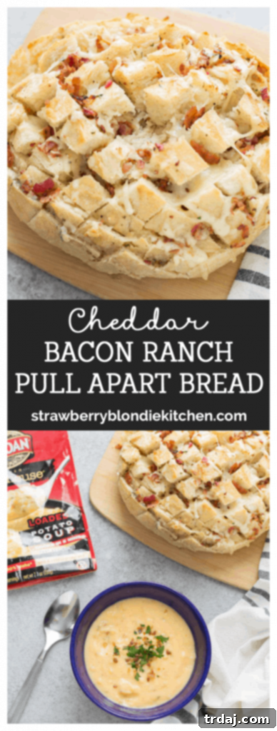 A festive image featuring a bowl of Idahoan Steakhouse Soup and Cheddar Bacon Ranch Pull Apart Bread, with holiday decorations in the background, perfect for sharing on social media.