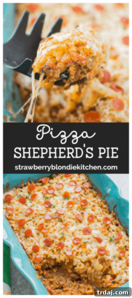 An awesome twist on a classic, this Pizza Shepherd's Pie combines sausage, pepperoni, cheese and hash brown potatoes to give you a hearty casserole worth devouring. | Strawberry Blondie Kitchen