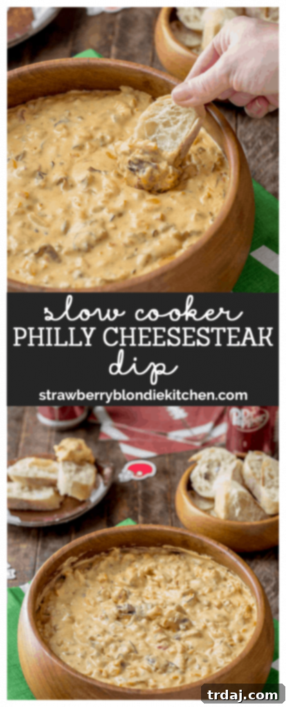 Pinterest graphic for Slow Cooker Philly Cheesesteak Dip recipe