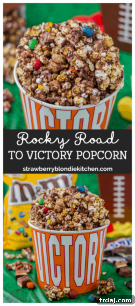 Rocky Road to Victory Popcorn is a game day lovers dream. Rich chocolate, salty popcorn and bits of candy pieces make this popcorn mix a must have at your next home gate! | Strawberry Blondie Kitchen