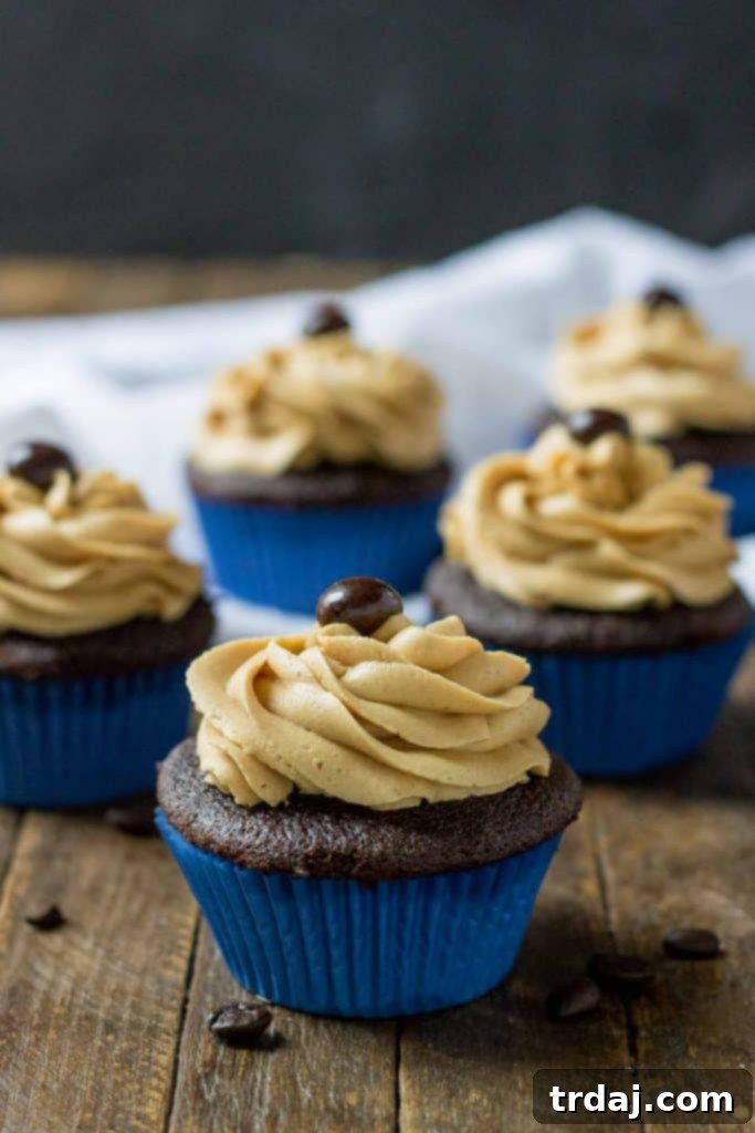 Rich chocolate mocha cupcakes topped with creamy peanut butter frosting.