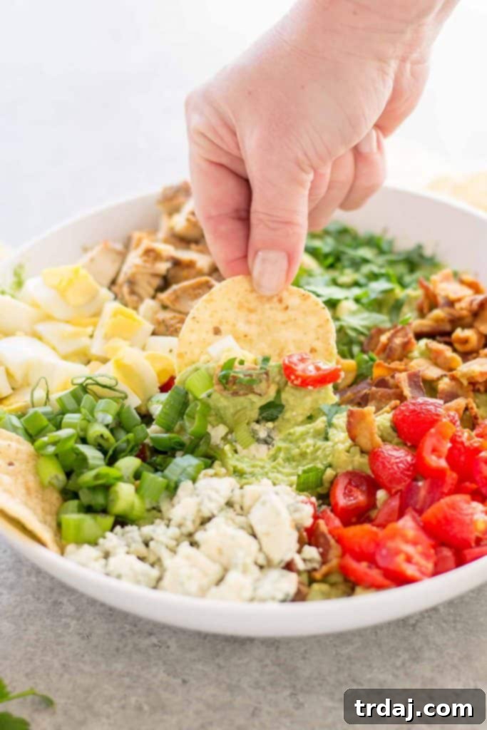 Serving of California Cobb Guacamole with tortilla chips