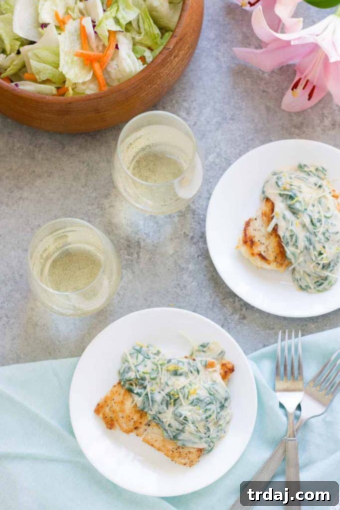 Close-up of One-Pan Chicken Florentine for 2, showing the creamy spinach and cheese sauce.