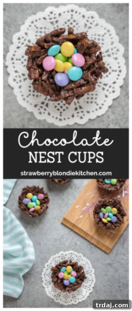 Pin for Chocolate Nest Cups recipe, a perfect easy Easter treat.