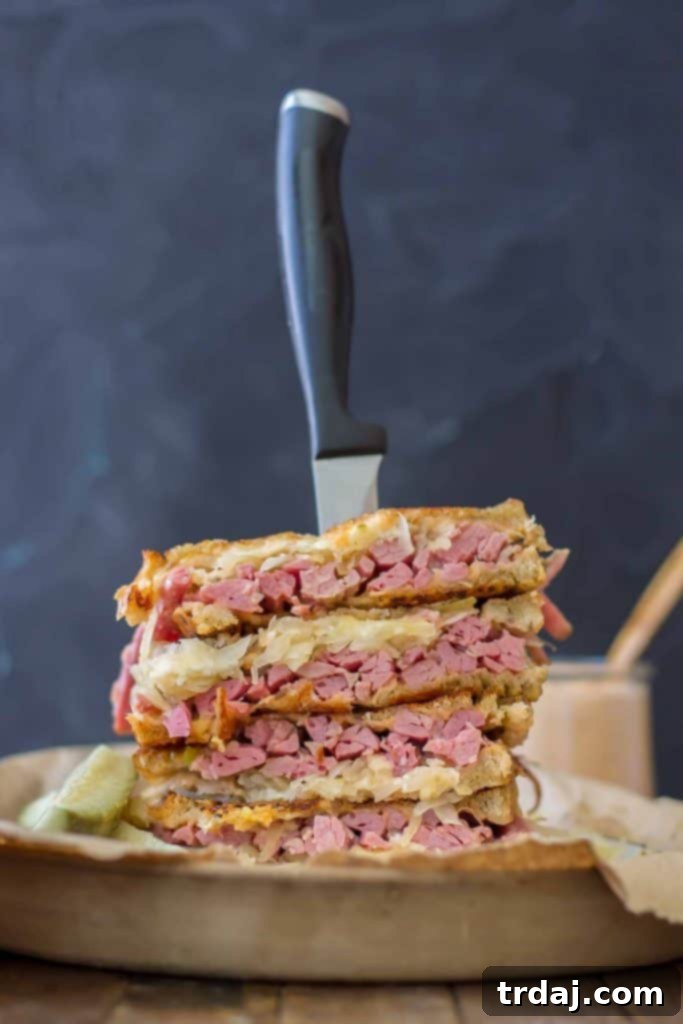 Epic Reuben Sandwich with melted Fontina cheese and tender corned beef