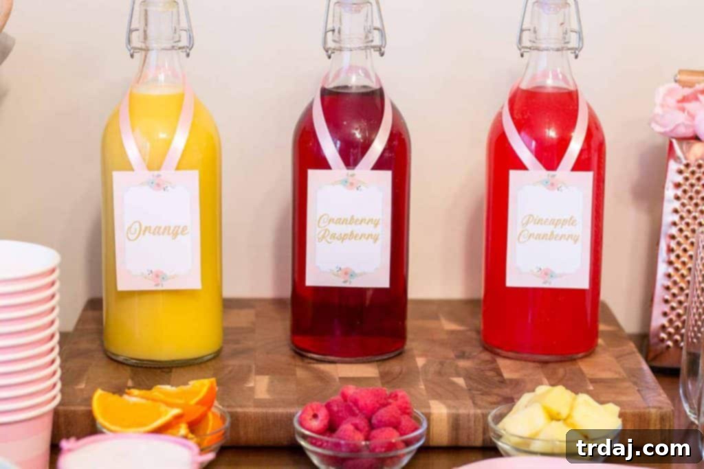 Customizable Mimosa Bar Ideas: Assorted Juices, Fresh Fruit Garnishes, and Champagne Selection