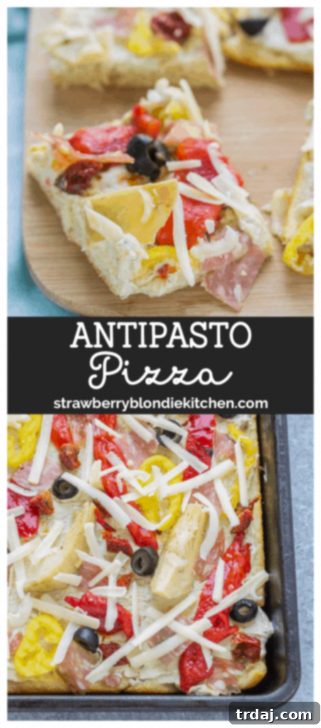 Antipasto Pizza on a white board with ingredients, perfect for sharing