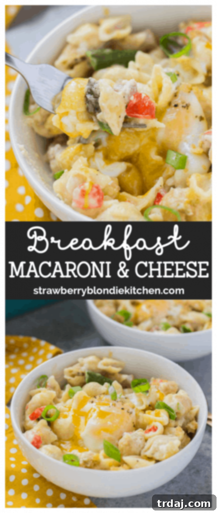 Pinterest graphic for Breakfast Macaroni and Cheese recipe.