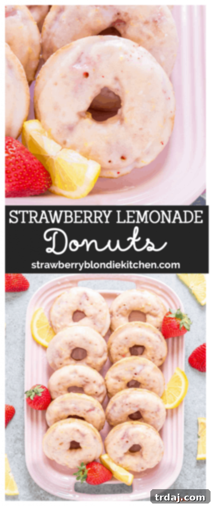 Freshly baked Strawberry Lemonade Donuts topped with a tangy glaze and fresh fruit. Collection of Strawberry Lemonade Donuts with fresh strawberries