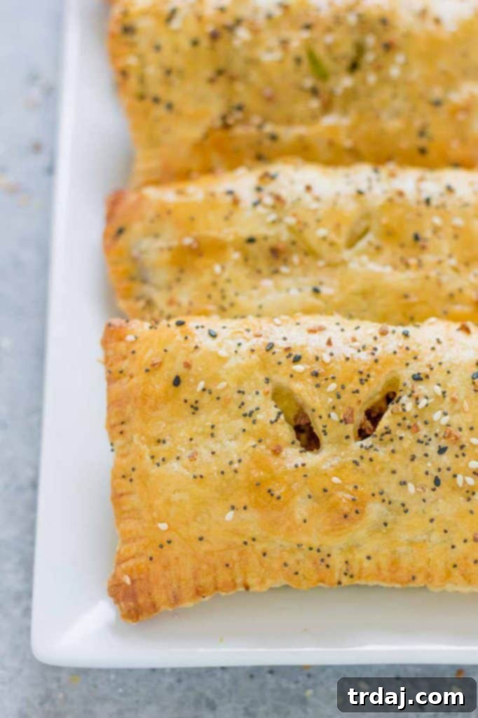 Close-up of golden brown Everything Bagel Breakfast Pockets