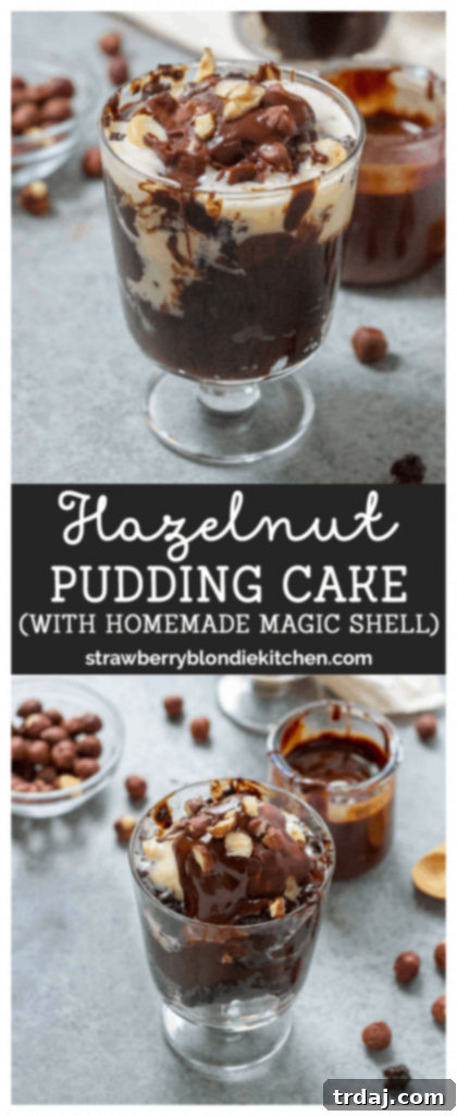 A beautifully composed shot of the Hazelnut Pudding Cake, highlighting its rich textures and decadent topping