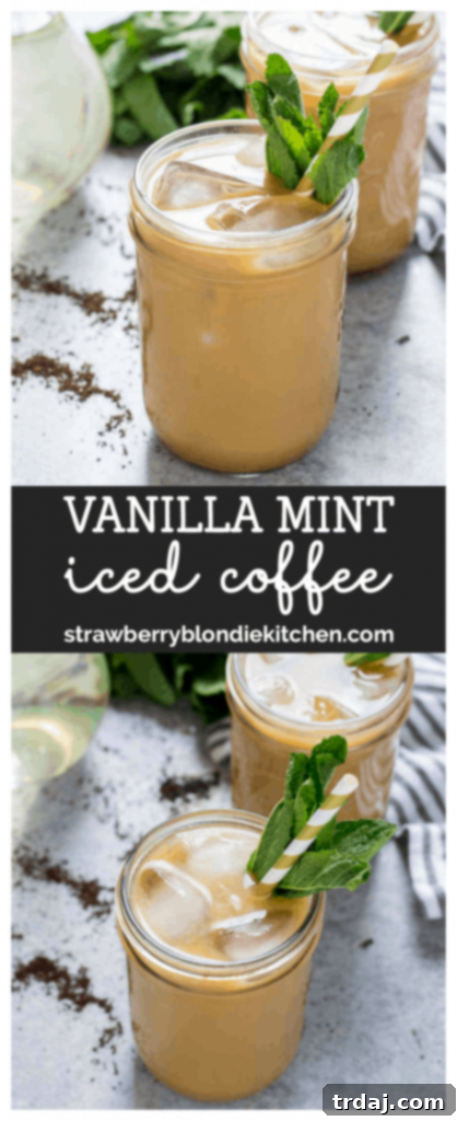 Vanilla Mint Iced Coffee with fresh mint and straw