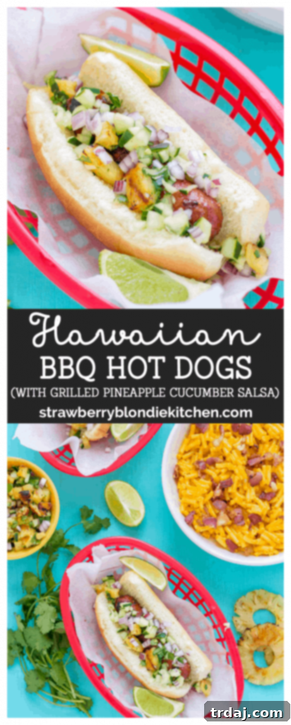 Promotional image for Hawaiian BBQ Hot Dogs with hashtags
