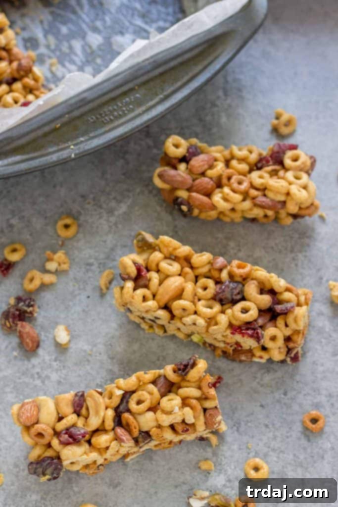 Up Close of Crunchy Fruit and Nut Cheerios Bars for Healthy Snacking
