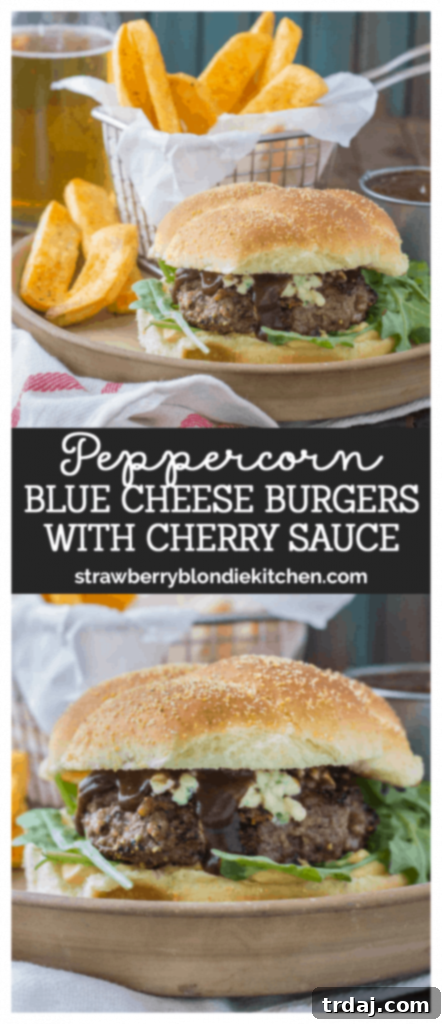 Final plated Peppercorn Blue Cheese Burger with Cherry Sauce, showcasing all the delicious layers and garnish.