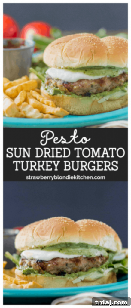 Pesto and Sun Dried Tomato Turkey Burgers with a call to action to share on social media.
